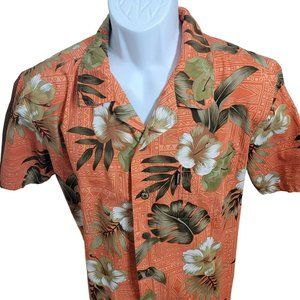 Palmwave Men's Small Orange Brick Floral 100% Cotton Aloha Button Down Shirt EUC